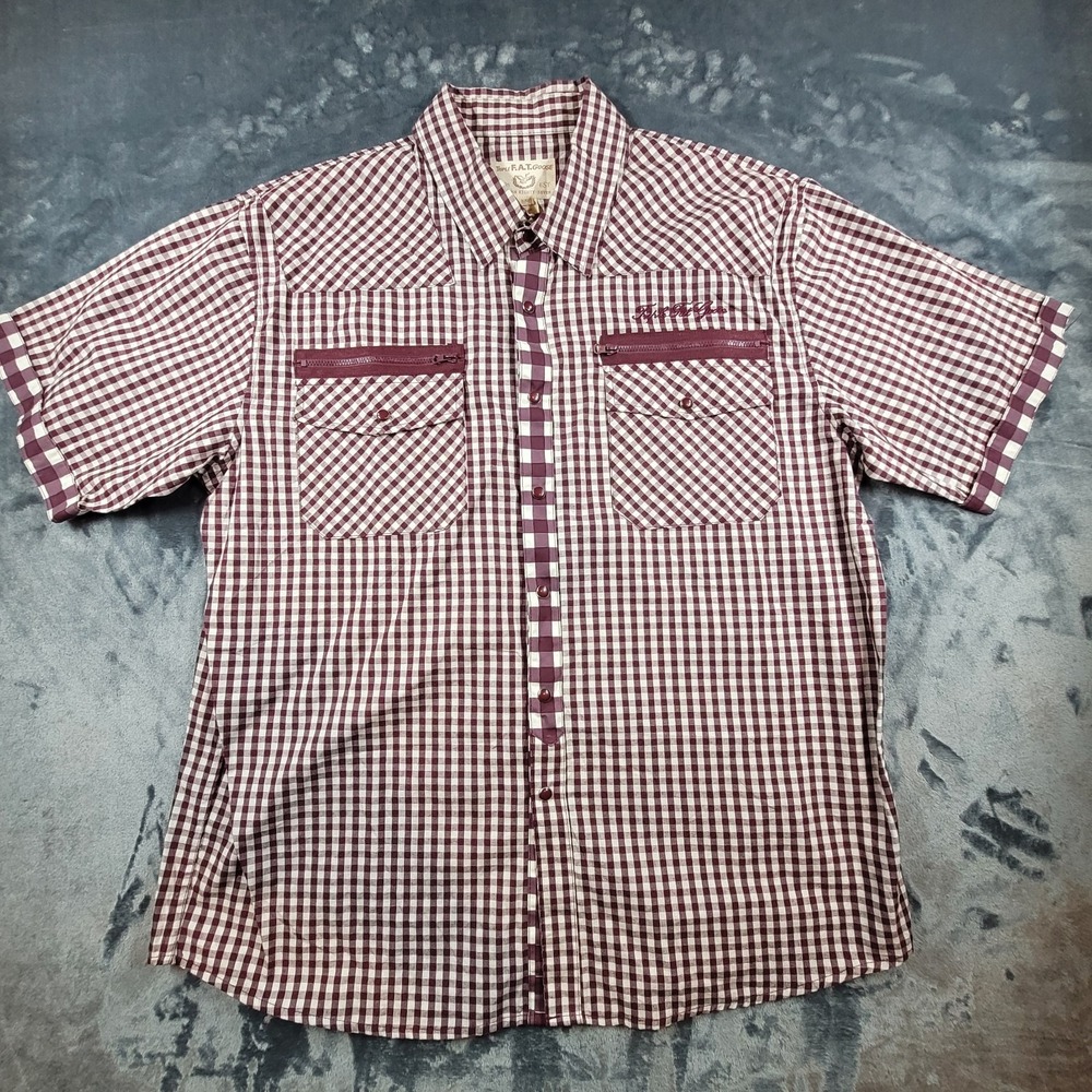 VTG Triple Fat Goose XXL Gingham‎ Button Down Men shirt Maroon White Embroidered